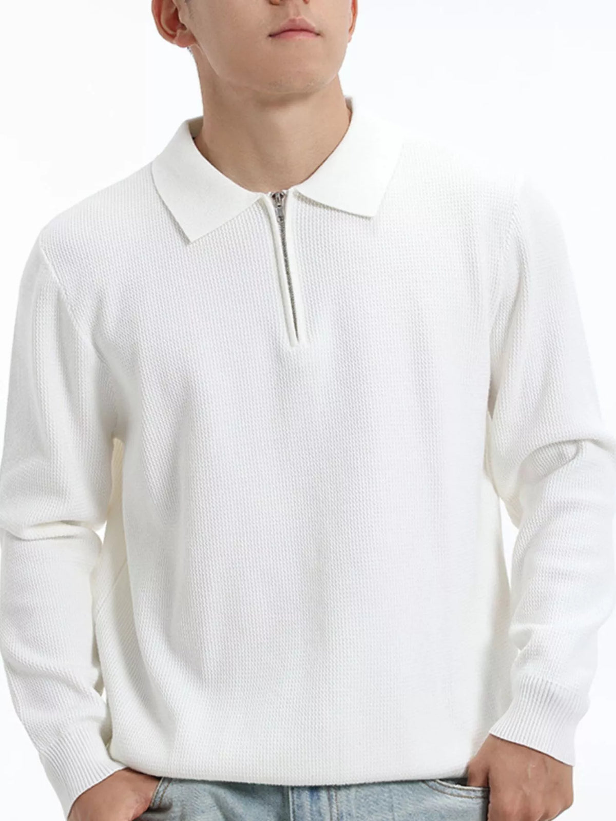 Men's Plus Size Quarter-Zip Textured Knit Top in White