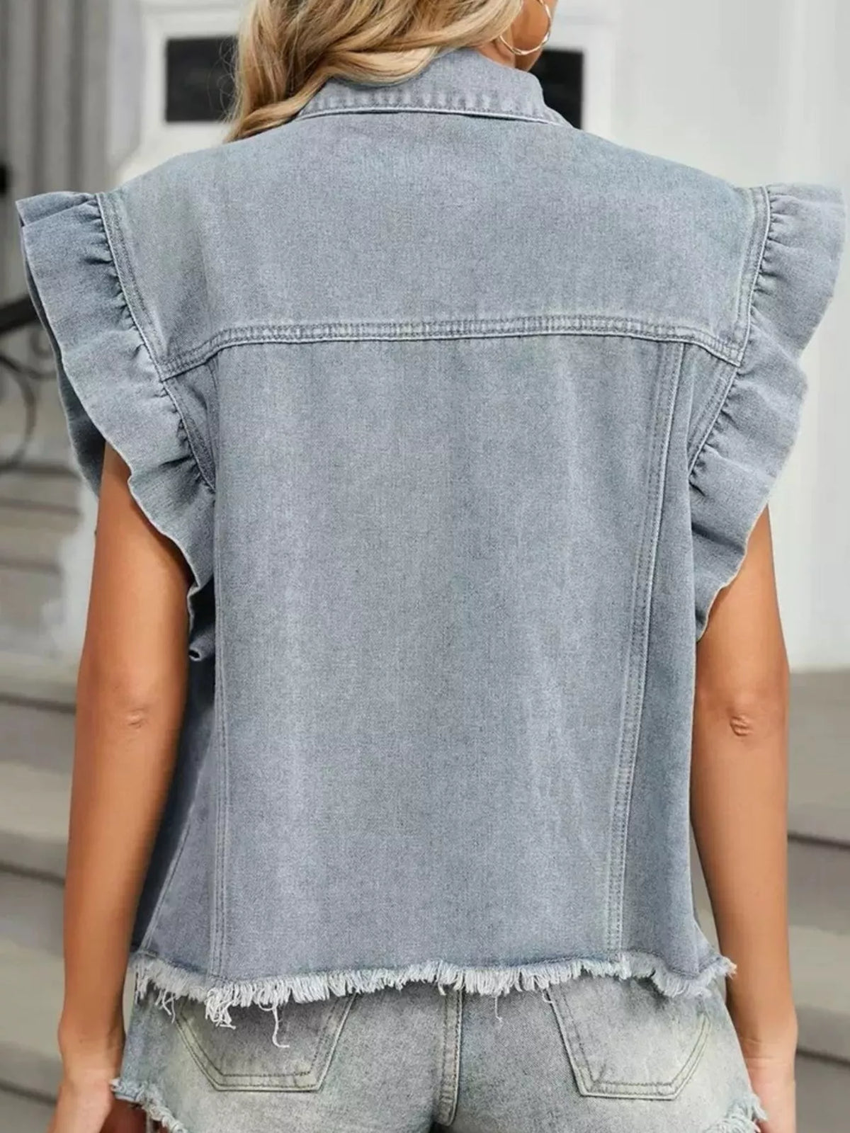 Ruffled Raw Hem Button Up Denim Jacket in Light Gray, view 5