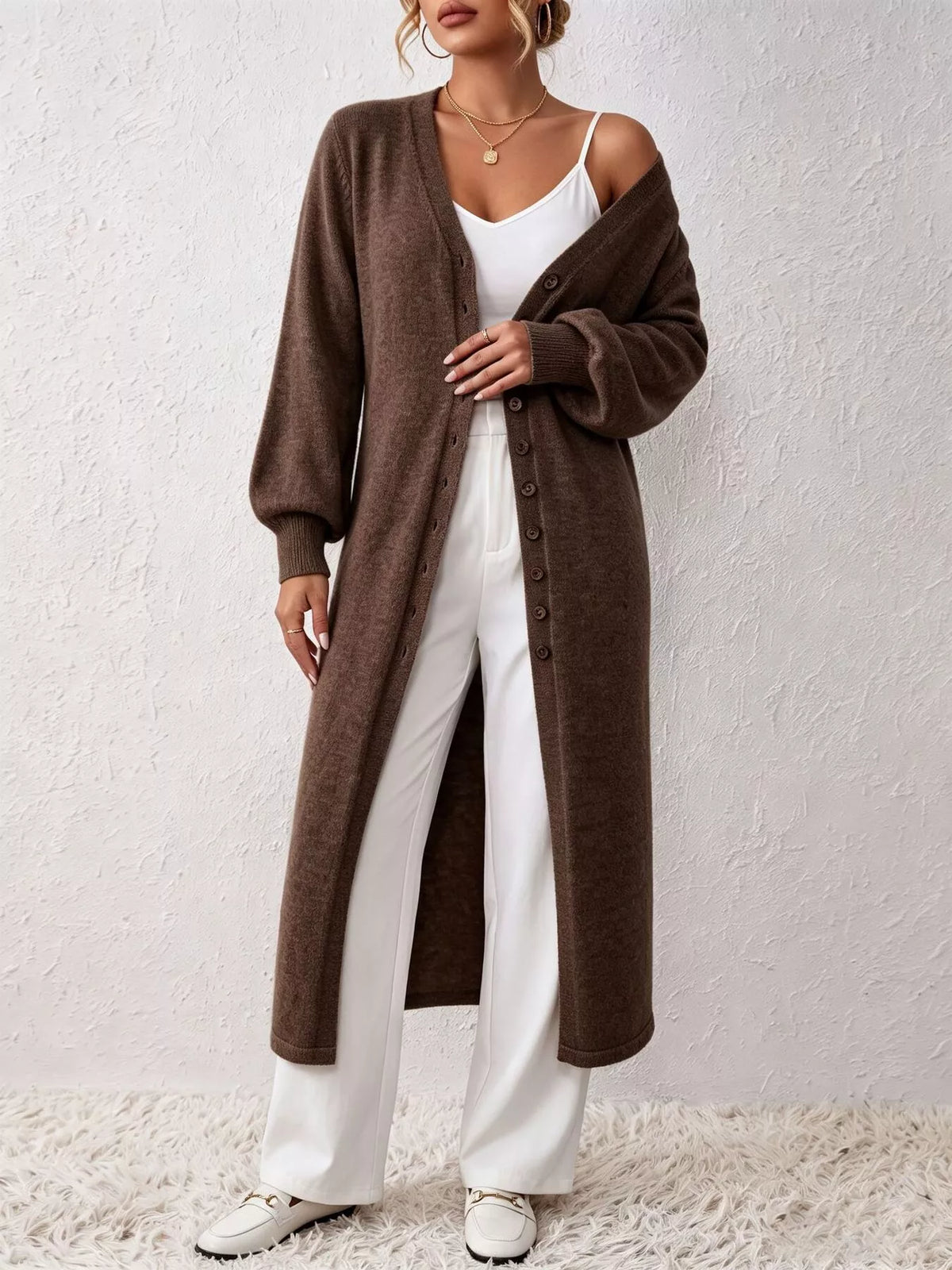Button Front Long Sleeve Sweater Dress - Lilixa.store