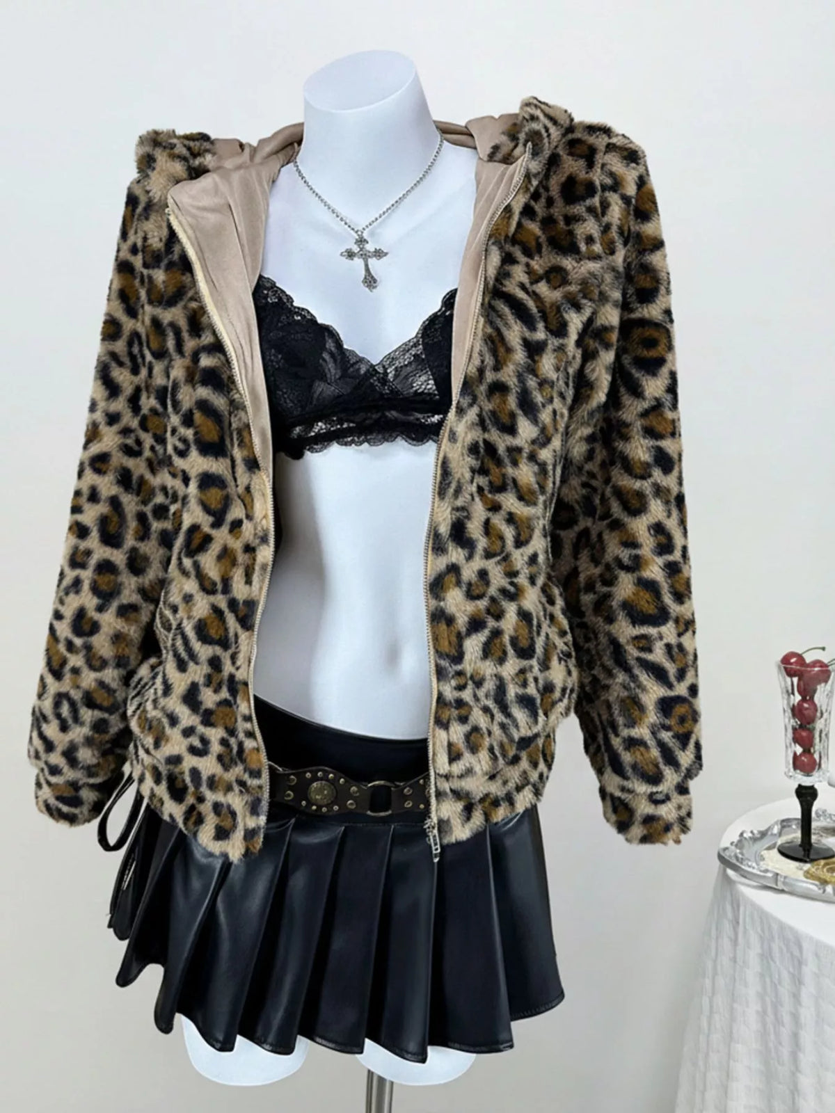 Leopard Plush Zip-Up Hooded Outerwear in Brown, view 4