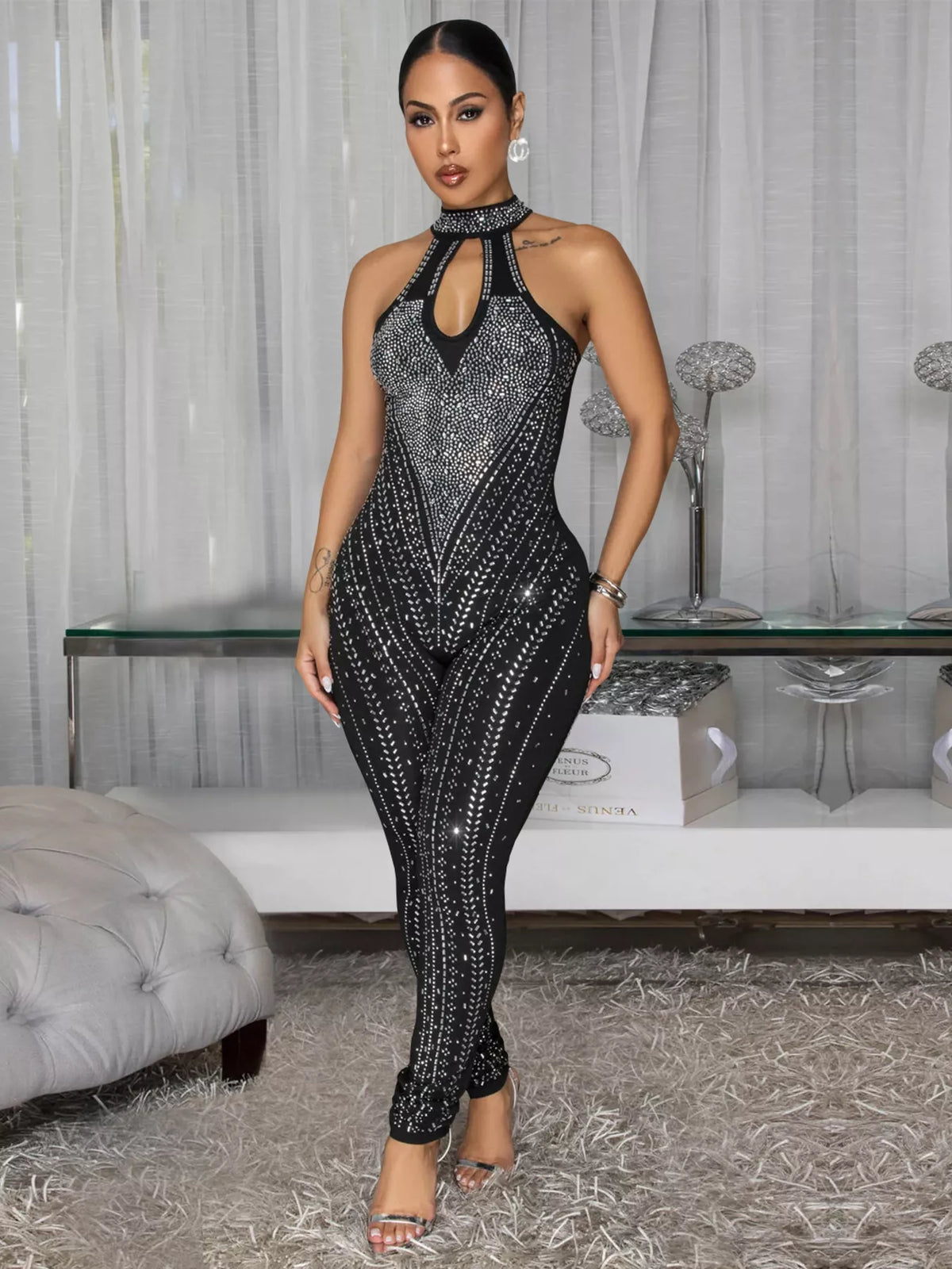 Sparkling Rhinestone Cutout Jumpsuit - Lilixa.store