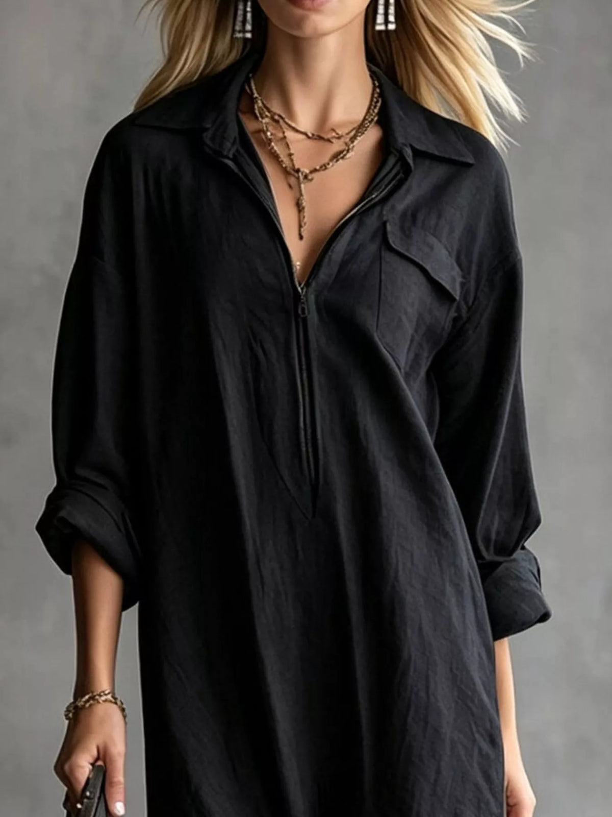 Zipper-Front Fringe Hem Midi Dress