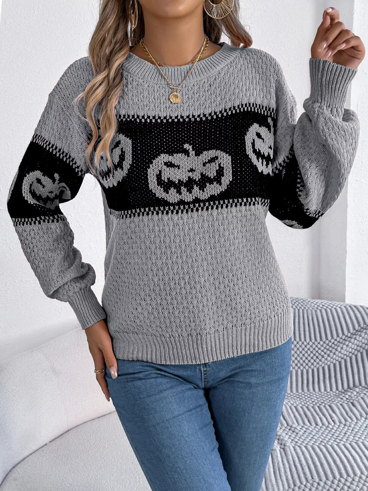 Halloween Pumpkin Pattern Round Neck Sweater, view 6