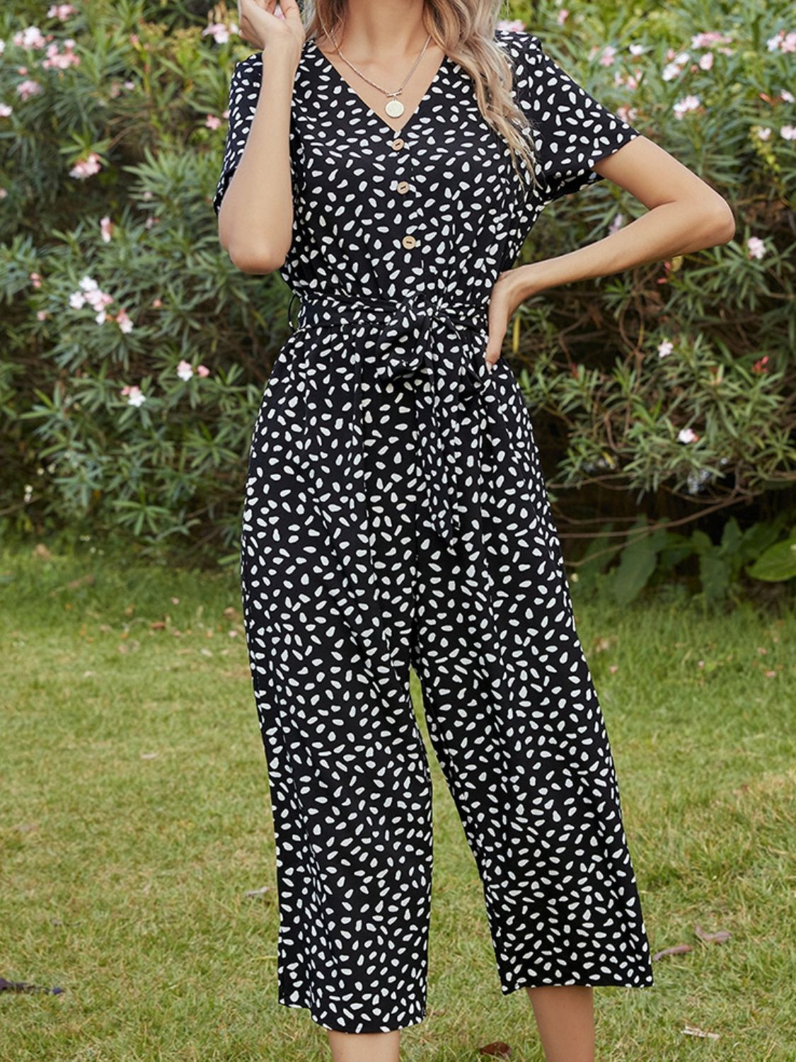 Ivy Lane Printed V-Neck Short Sleeve Jumpsuit - Lilixa.store