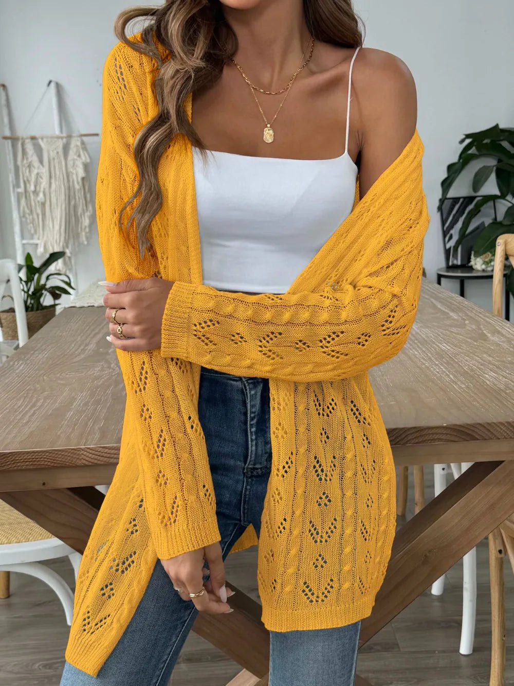 Openwork Open Front Long Sleeve Cardigan - Lilixa.store