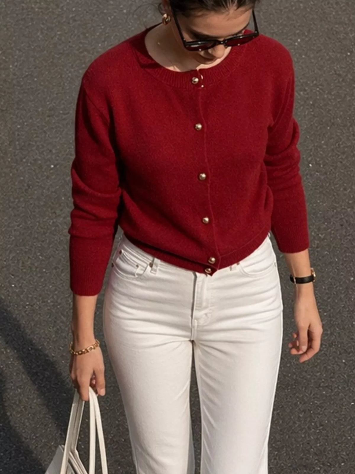 Classic Button-Down Knit Cardigan in Wine Red