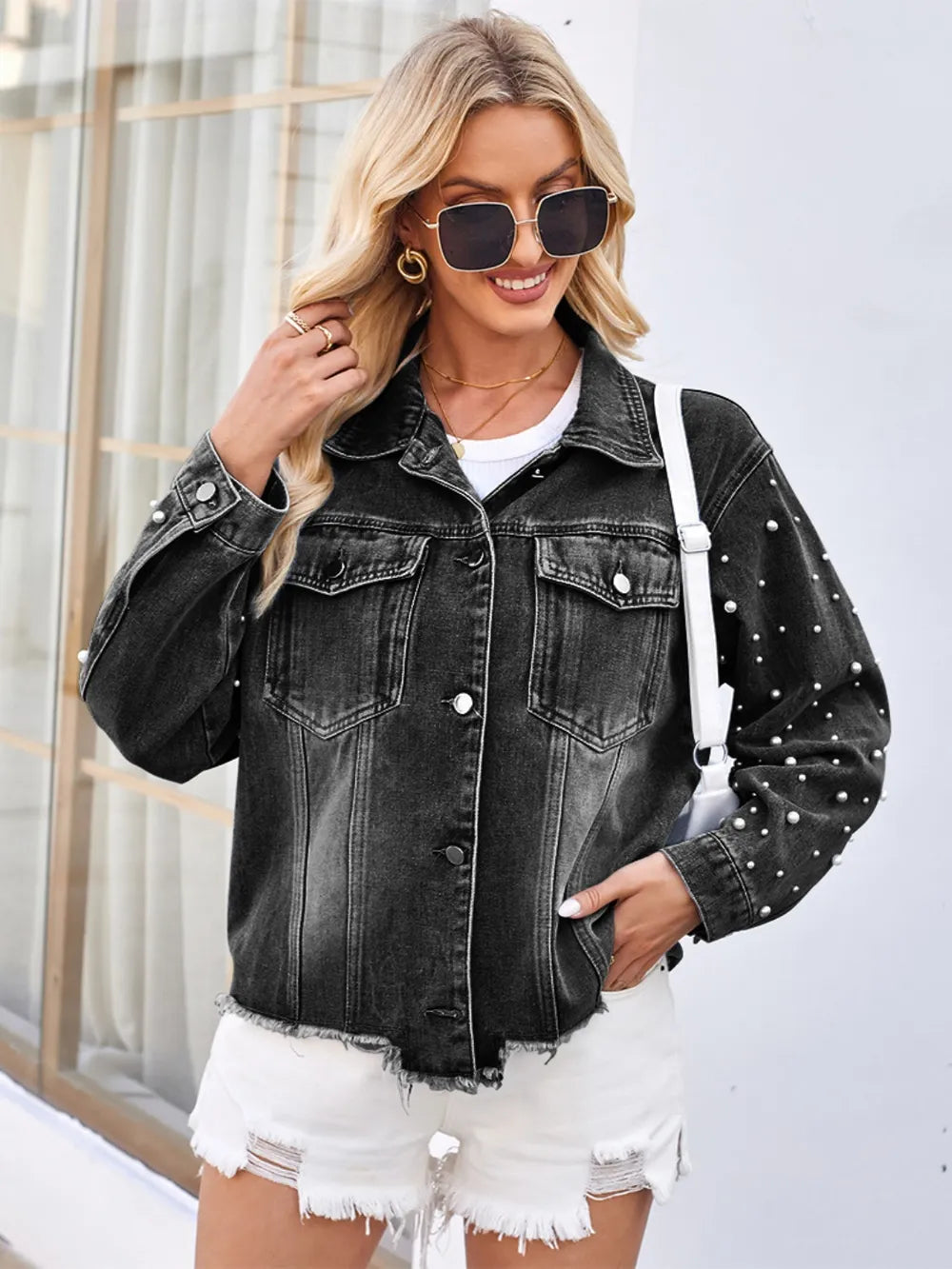 Pearl Trim Raw Hem Denim Jacket in Black