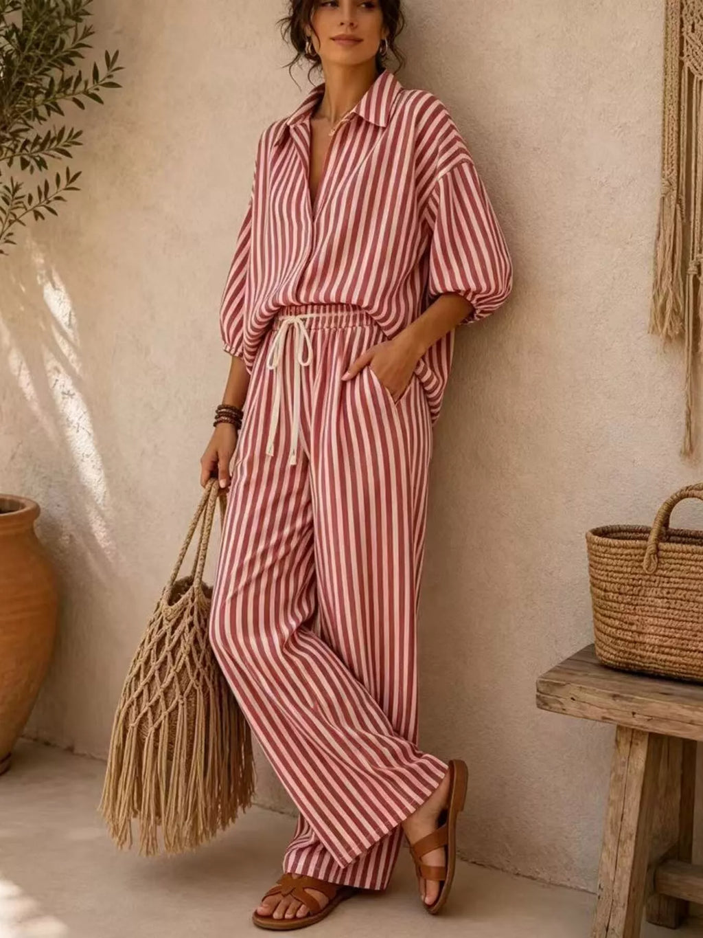 Striped Collared Shirt and Wide-Leg Drawstring Pants Set - Lilixa.store