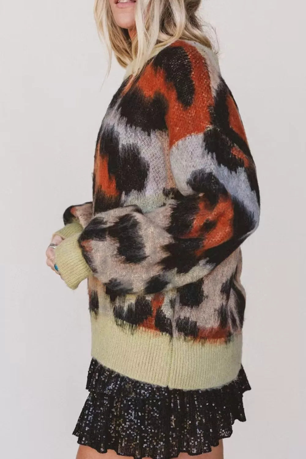 Leopard Print Drop Shoulder Long Sleeve Round Neck Sweater