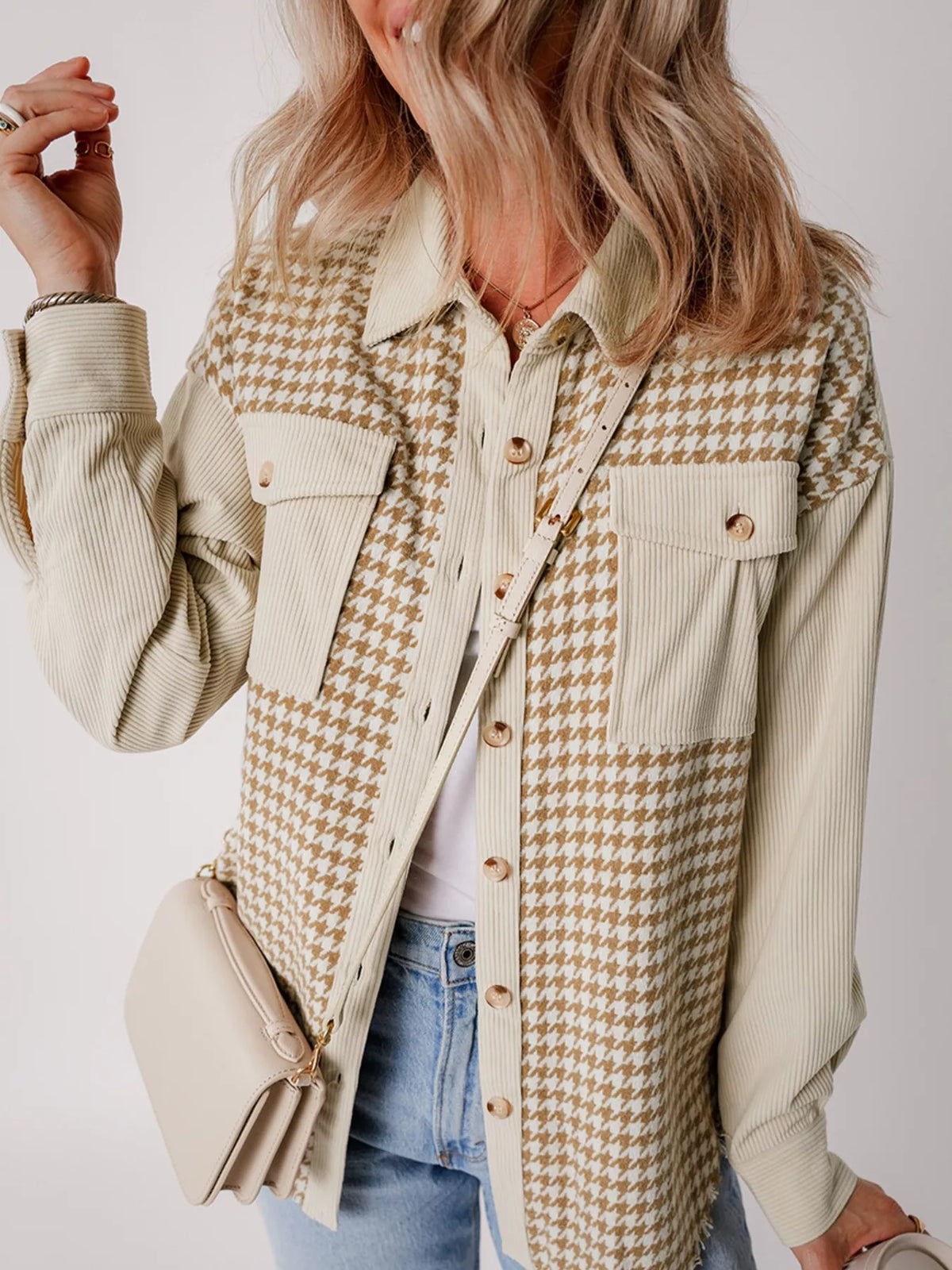 Houndstooth Button-Down Jacket in Beige, view 7