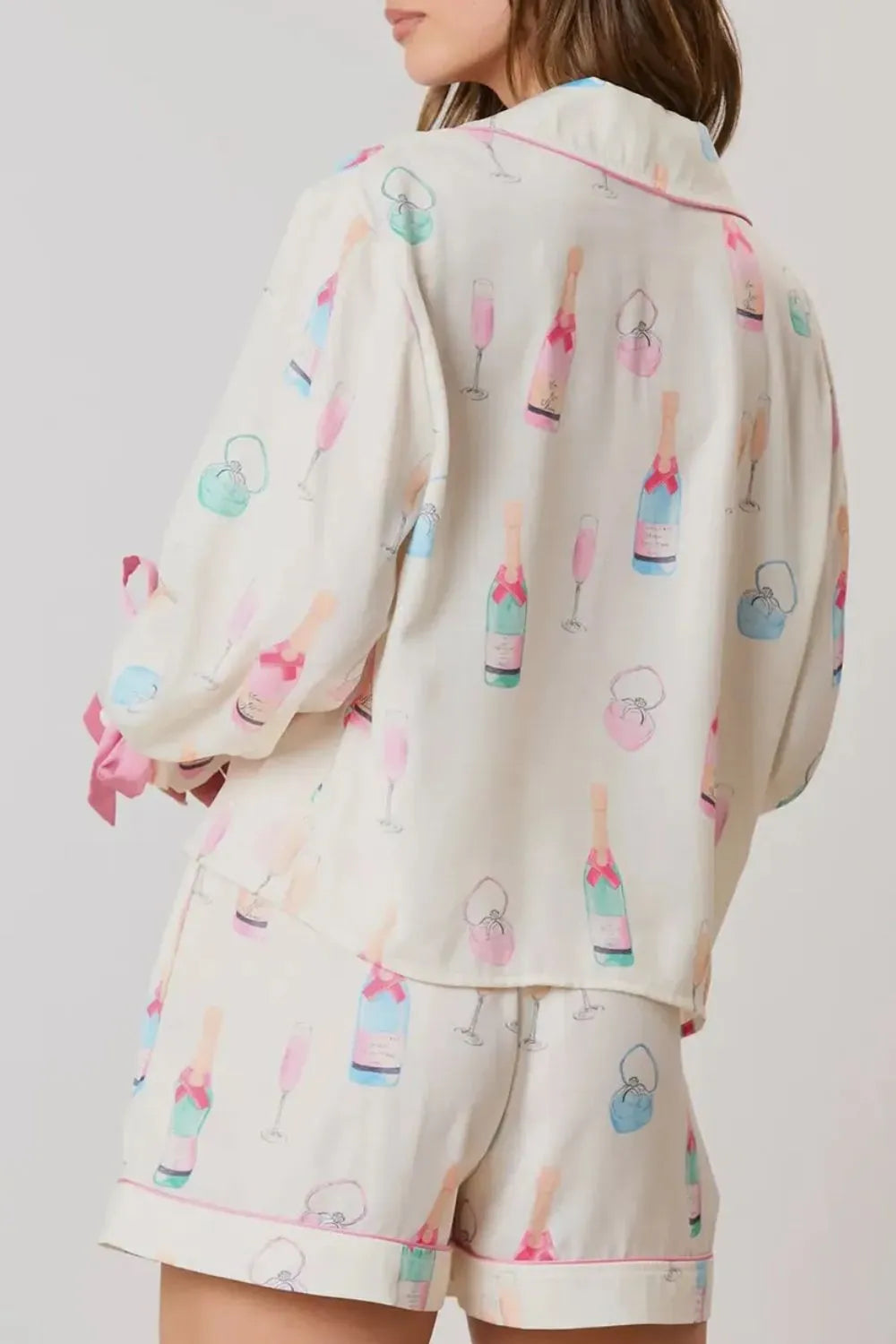 Bow Printed Collared Neck Top and Drawstring Shorts Lounge Set - Lilixa.store