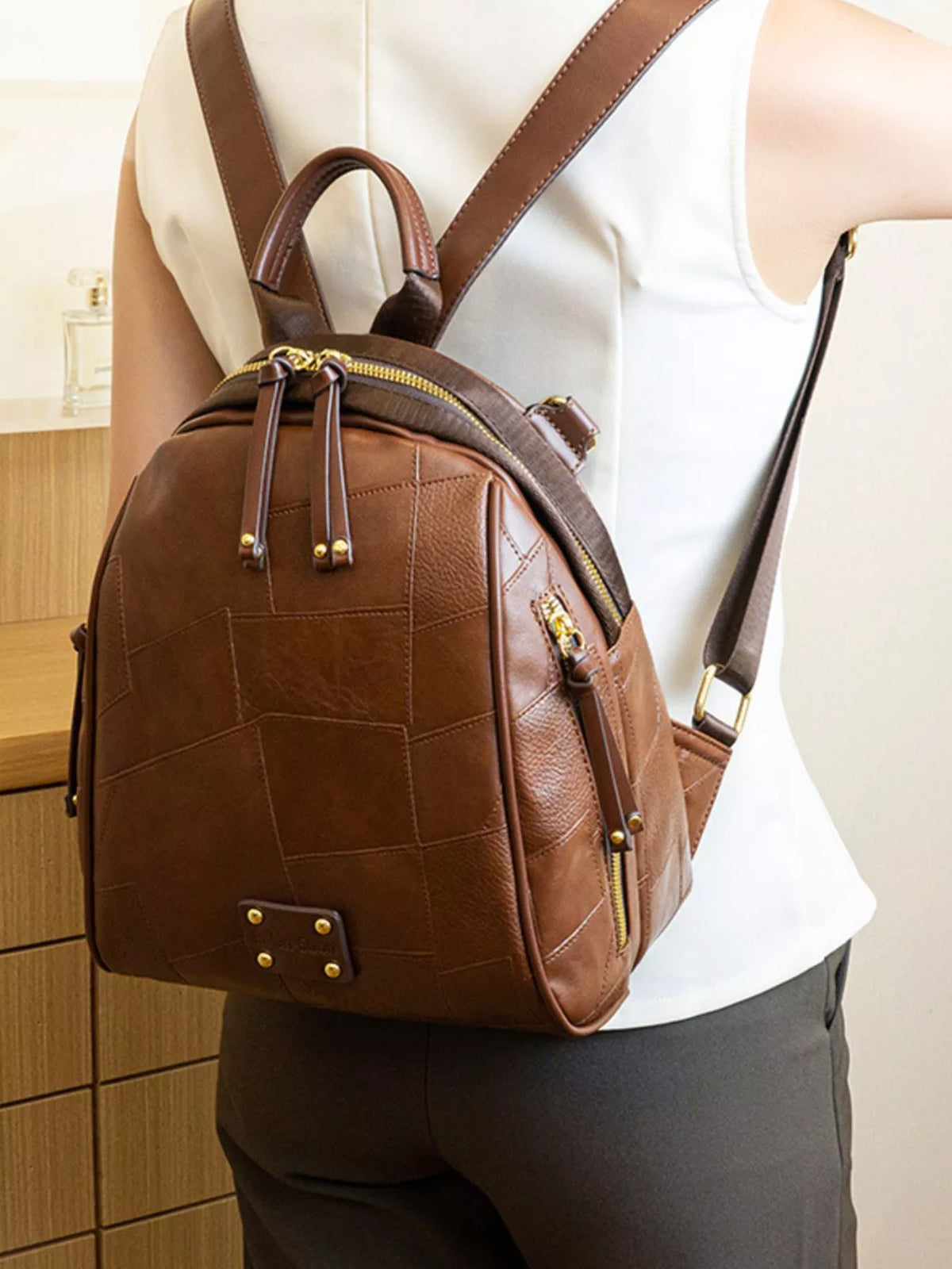 Patchwork Leather Convertible Backpack Bag in Brown, view 8
