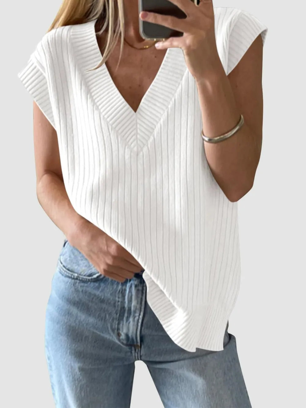 Mandy Ribbed V-Neck Sweater Vest in White