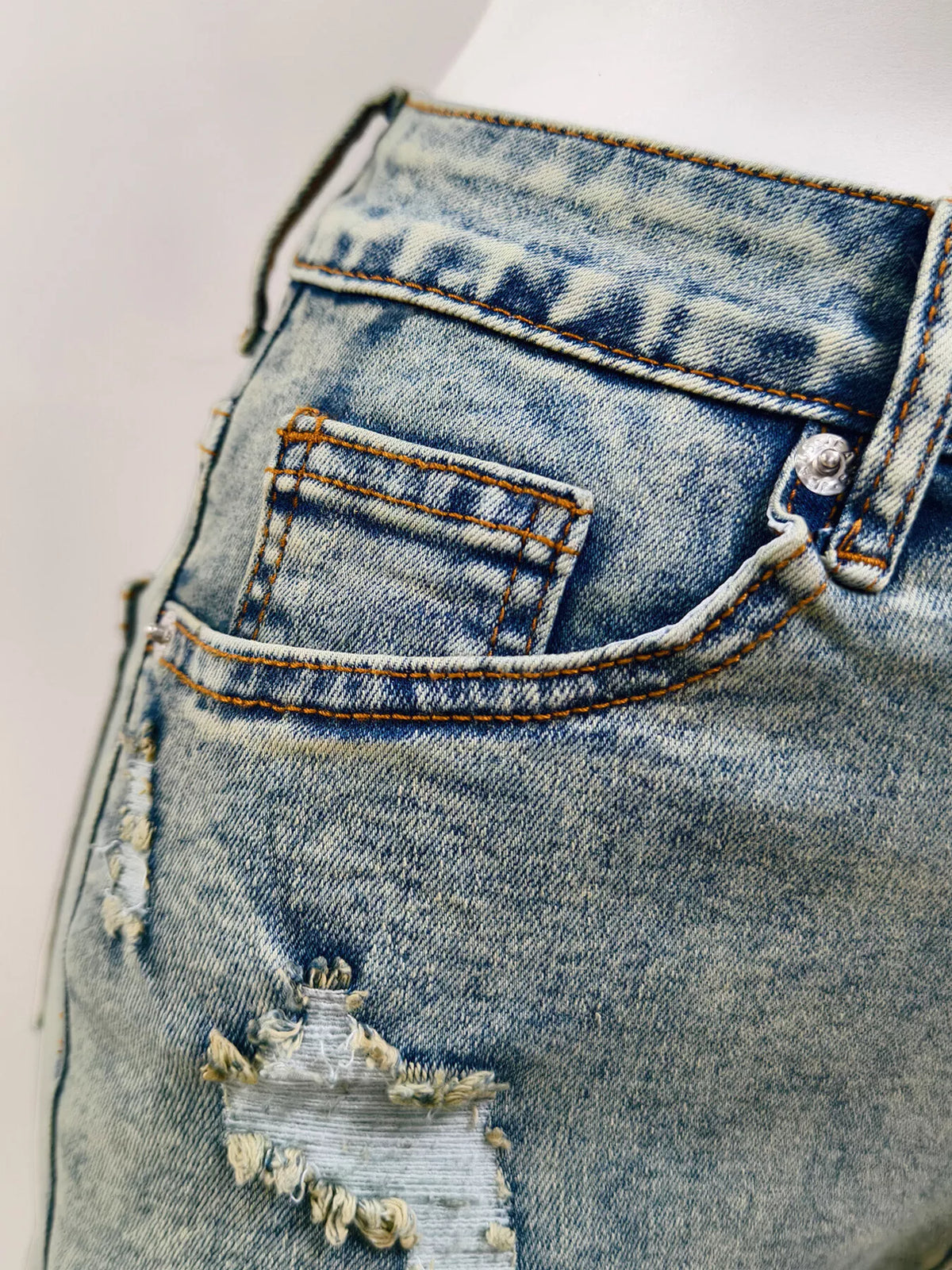 High-Waisted Distressed Raw Hem Denim Shorts, view 2