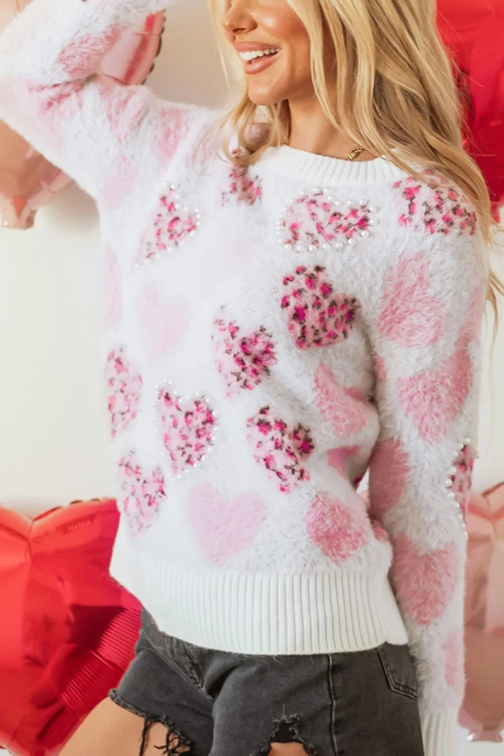 Pearl Detail Heart Round Neck Sweater - Lilixa.store