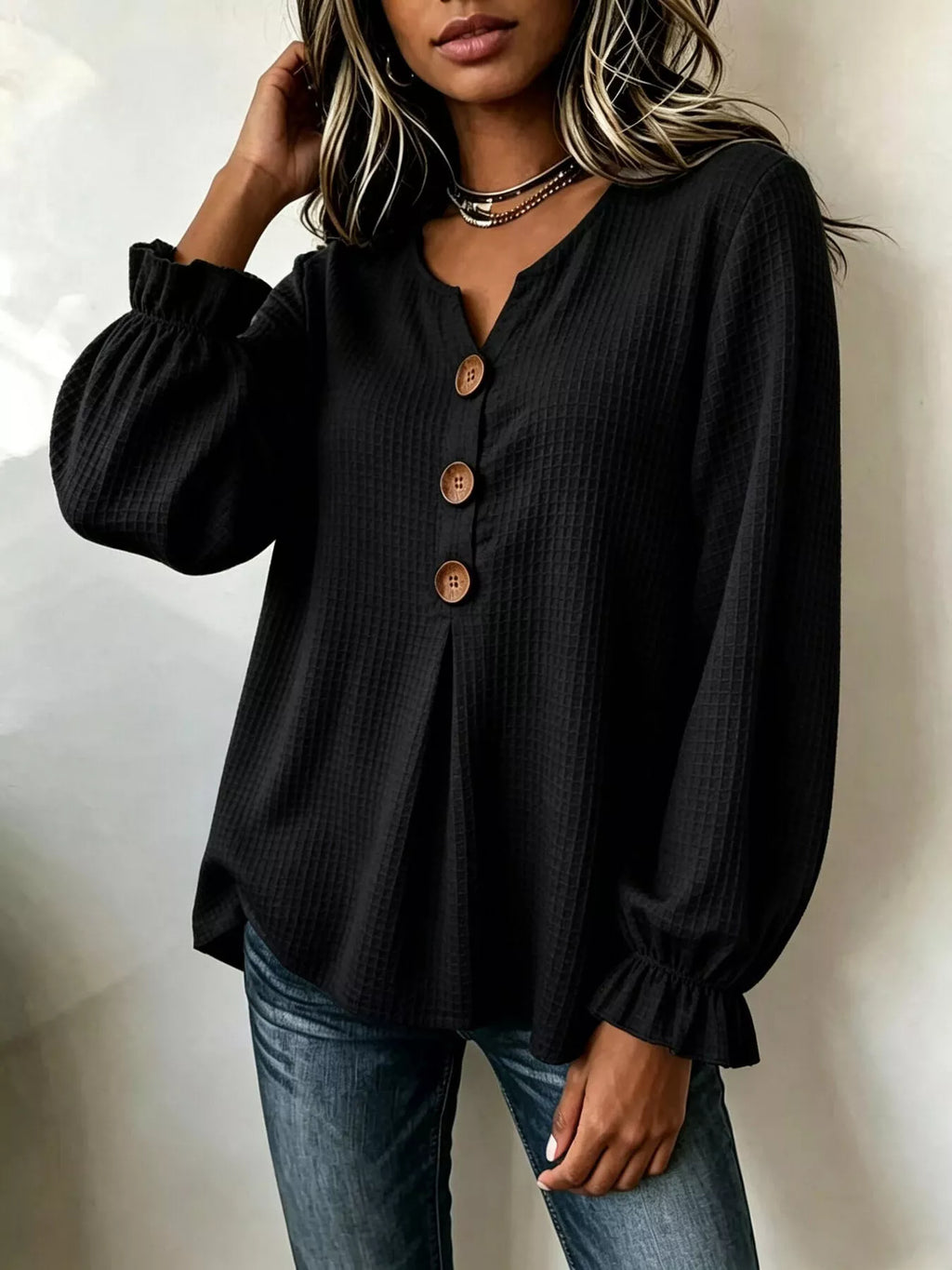 Waffle Knit Long Sleeve Top - Lilixa.store
