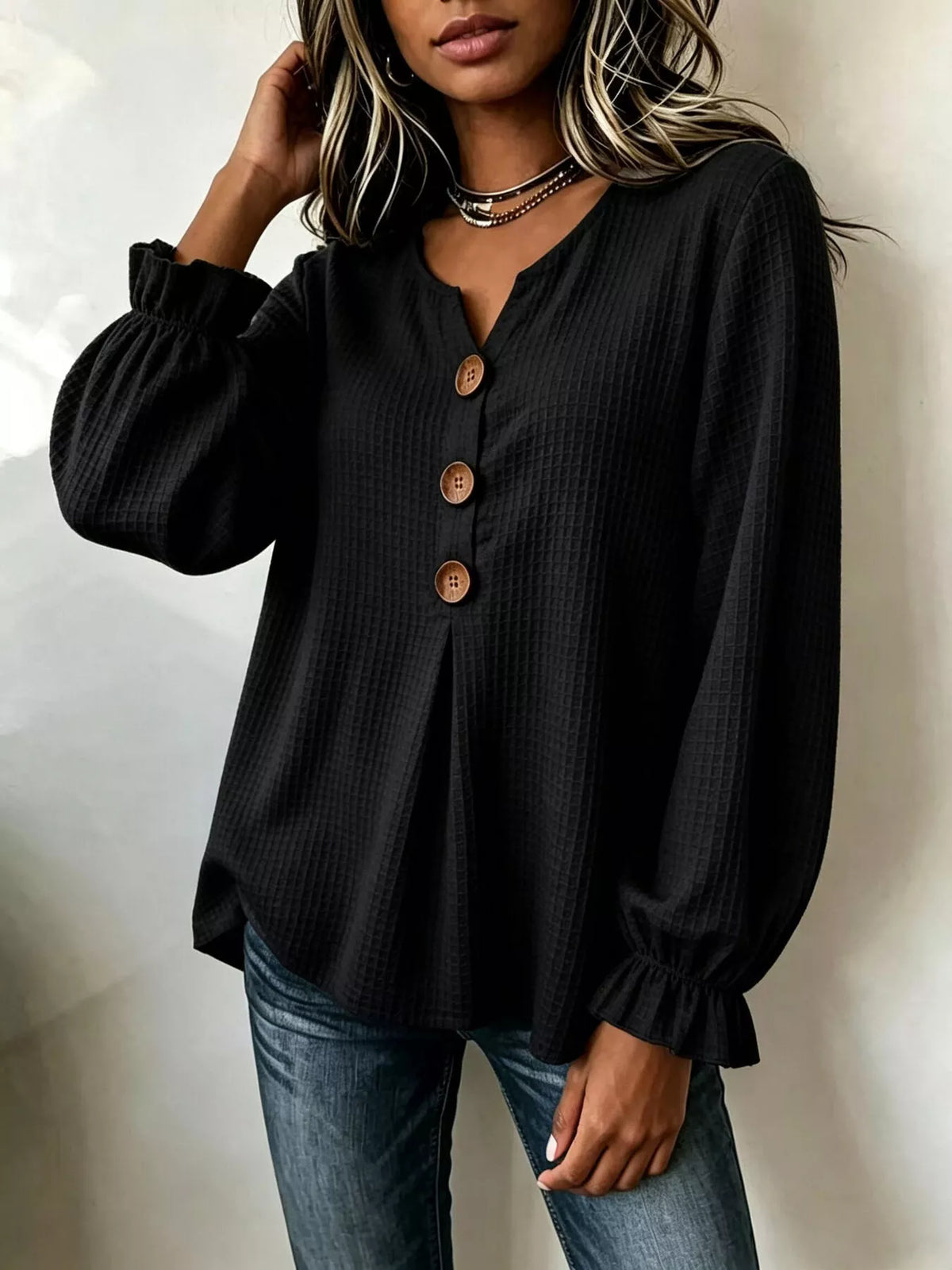 Waffle Knit Long Sleeve Top - Lilixa.store