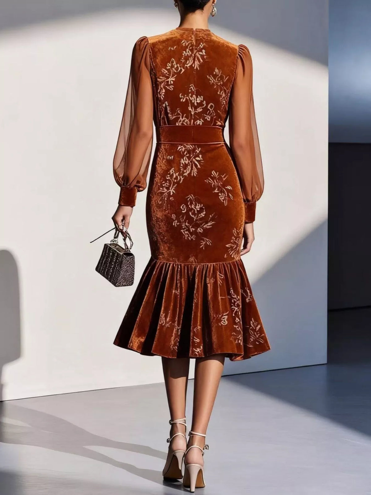 Velvet Floral Lantern Sleeve Midi Dress