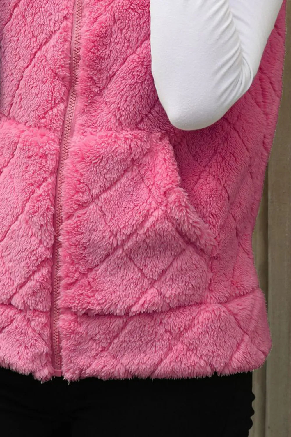 Fuzzy Plaid Texture Zip Up Vest Coat, view 10