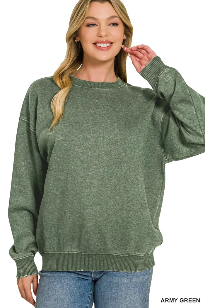 Fleece Acid Enzyme Washed Round Neck Sweatshirts in Army Green