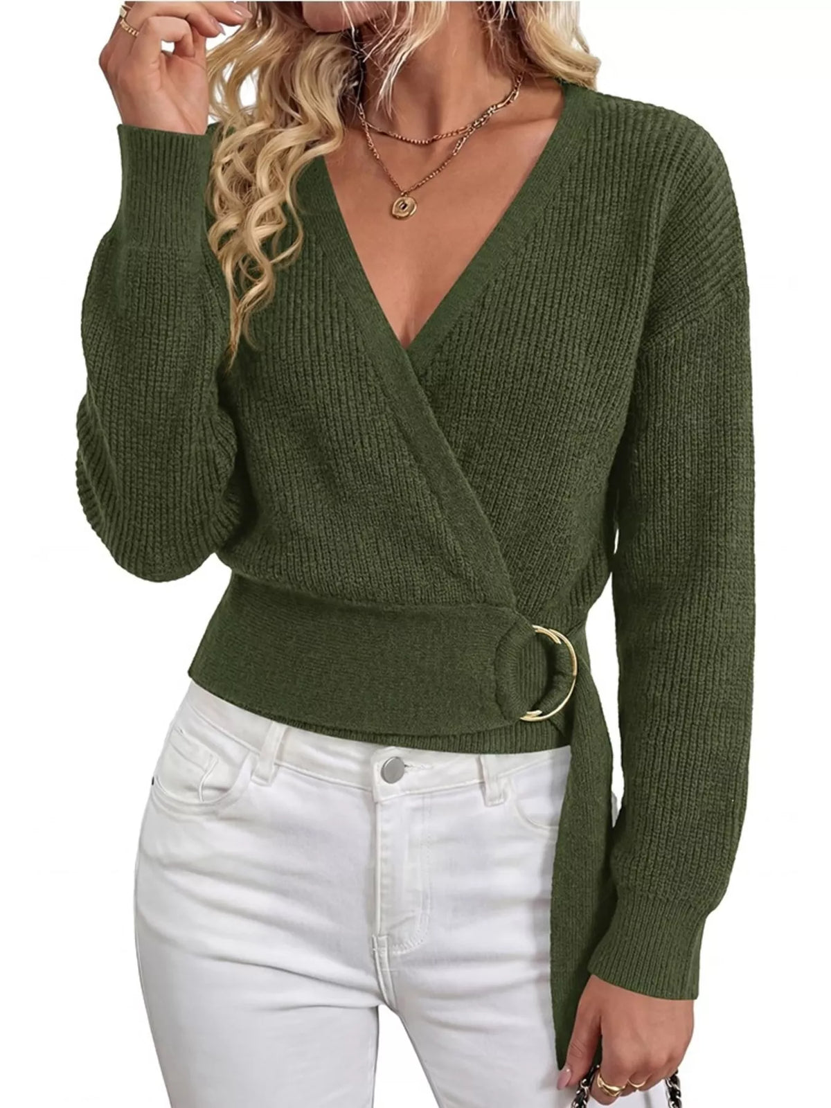 Metal Ring Detail Dropped Shoulder Sweater - Lilixa.store
