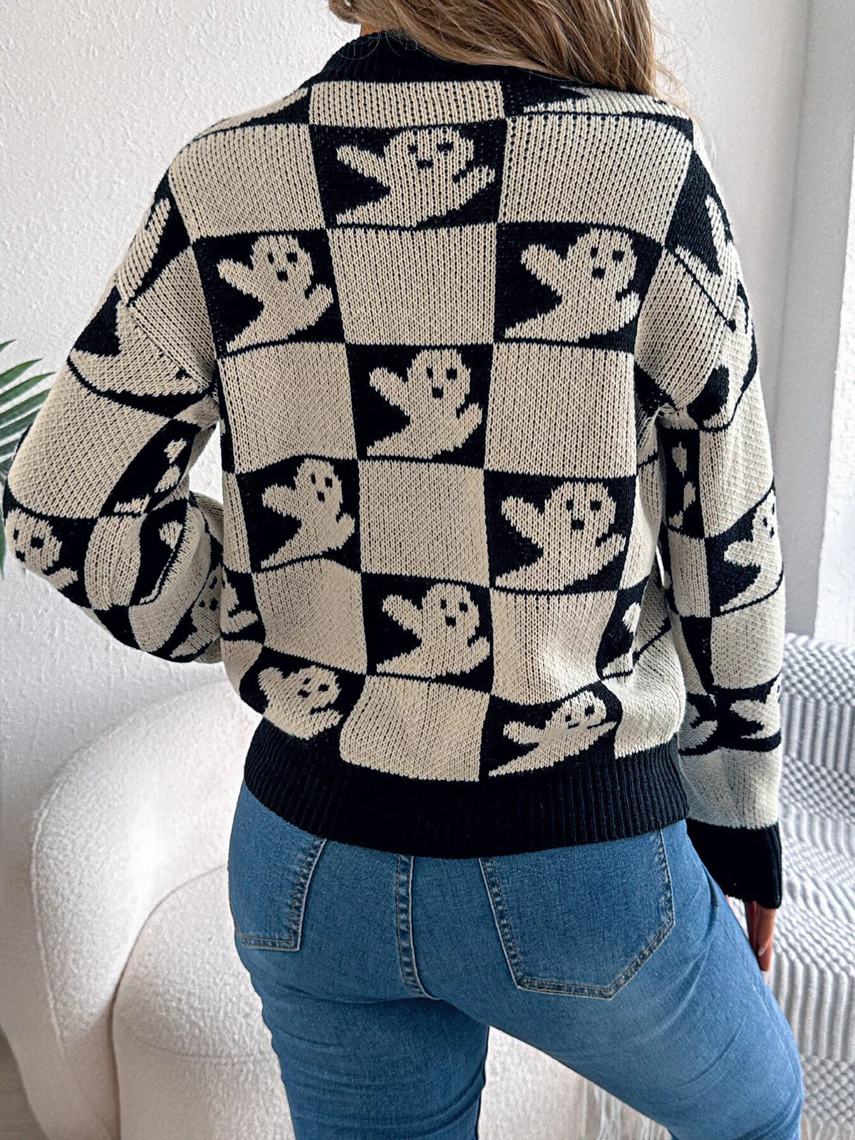 Checkerboard Halloween Graphic Sweater