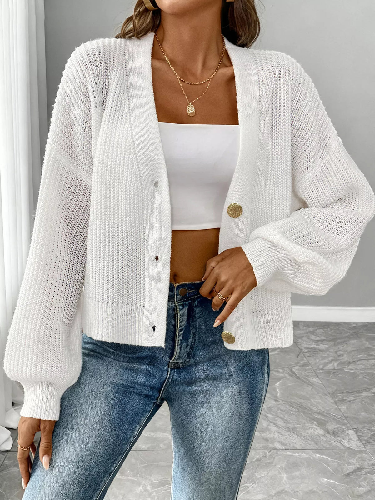 Elegant V-Neck Button-Down Ribbed Knit Cardigan in White
