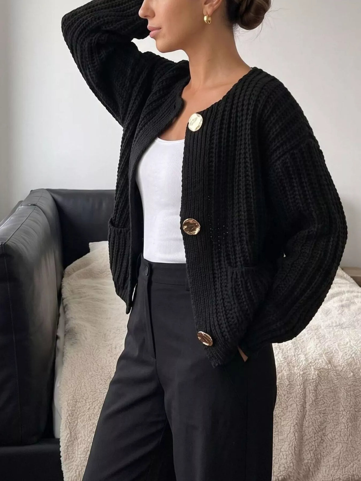 Ribbed Knit Cardigan with Gold-Tone Buttons, view 13