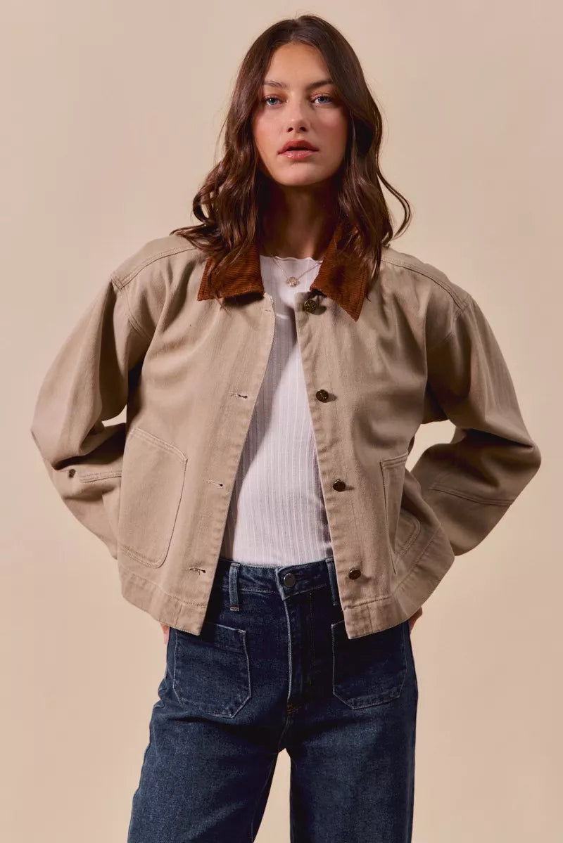 SO ME Cotton Twill Cropped Barn Jacket wtih Collar in Taupe, view 5