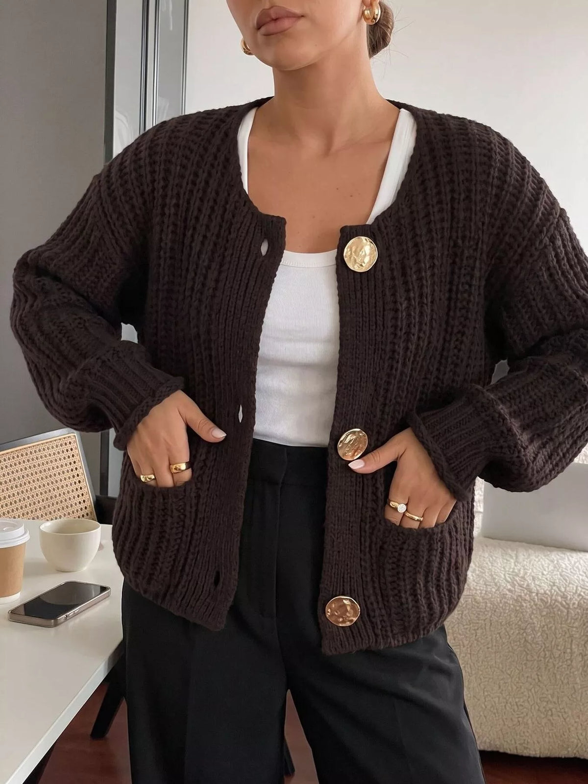 Ribbed Knit Cardigan with Gold-Tone Buttons, view 9