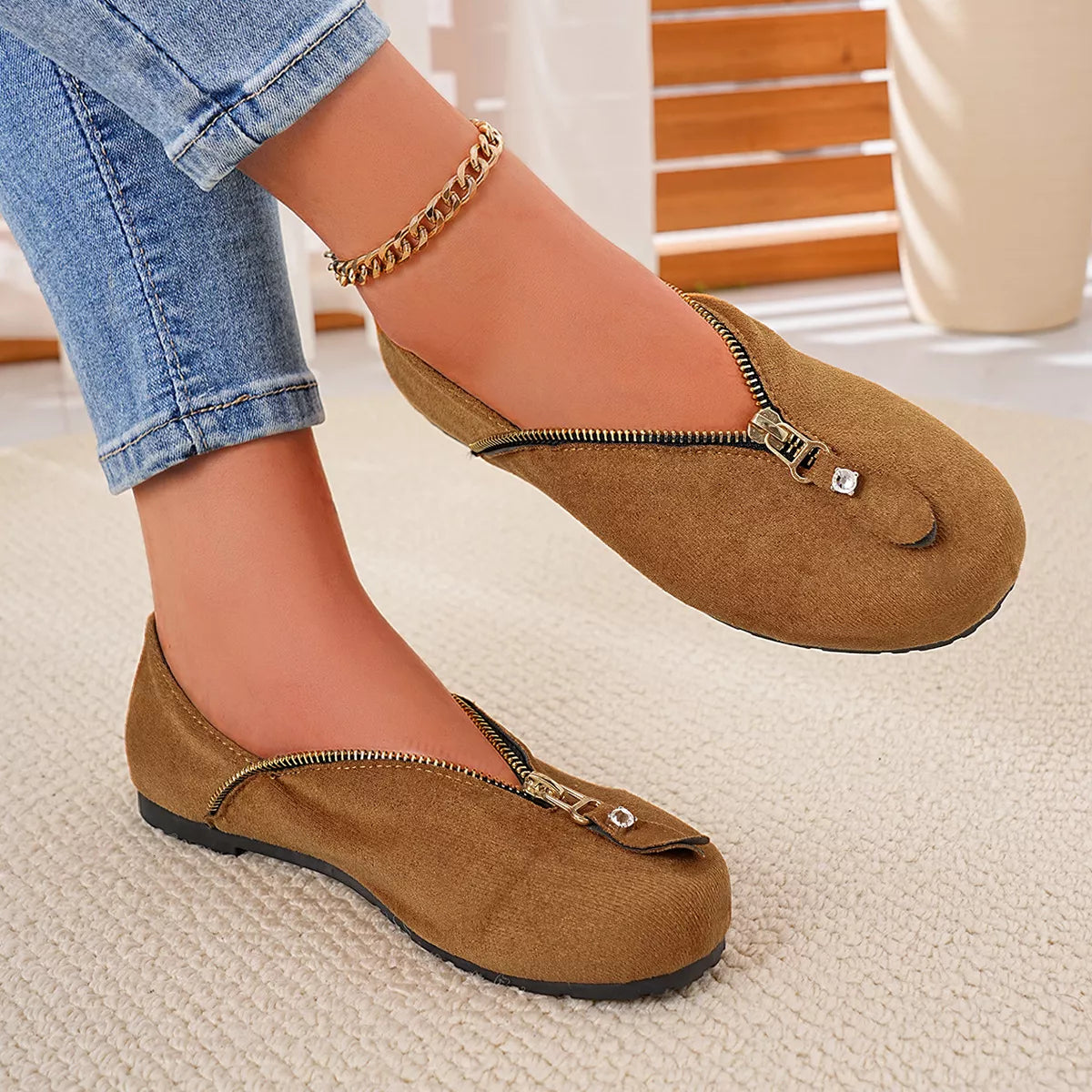 Chic Zipper Detail Flats Slip‑Ons - Lilixa.store