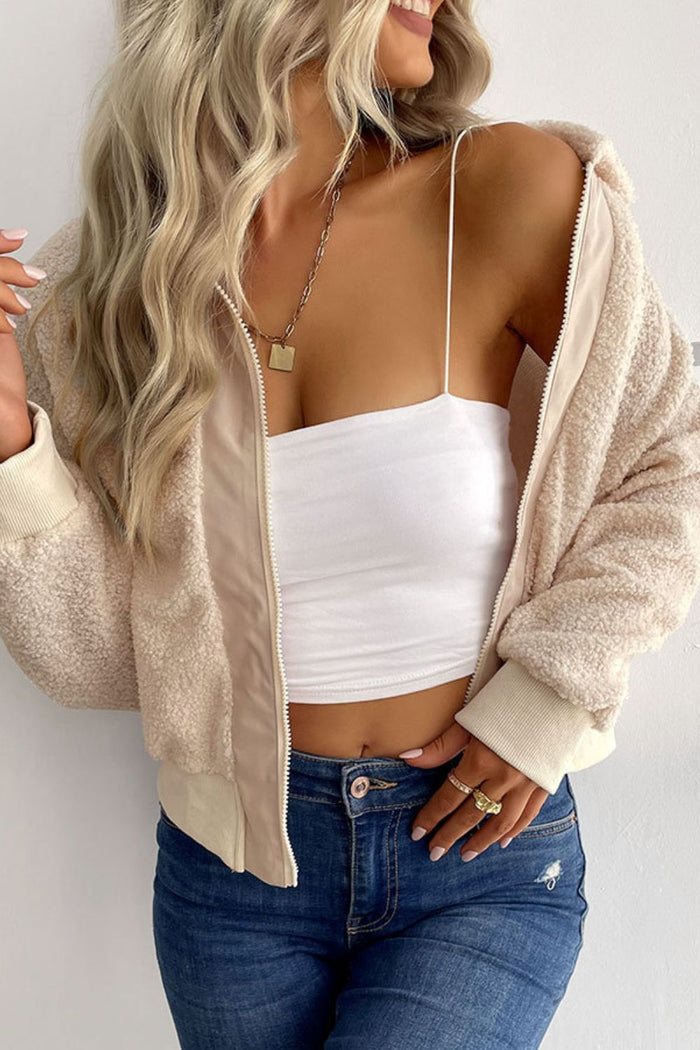 Perfee Zip-Up Sherpa Collared Neck Jacket with Pockets in Cream