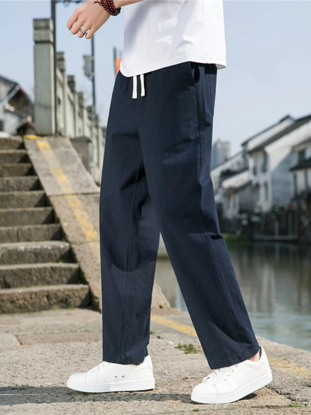 Men's Plus Size Loose Fit Drawstring Casual Pants in Navy Blue