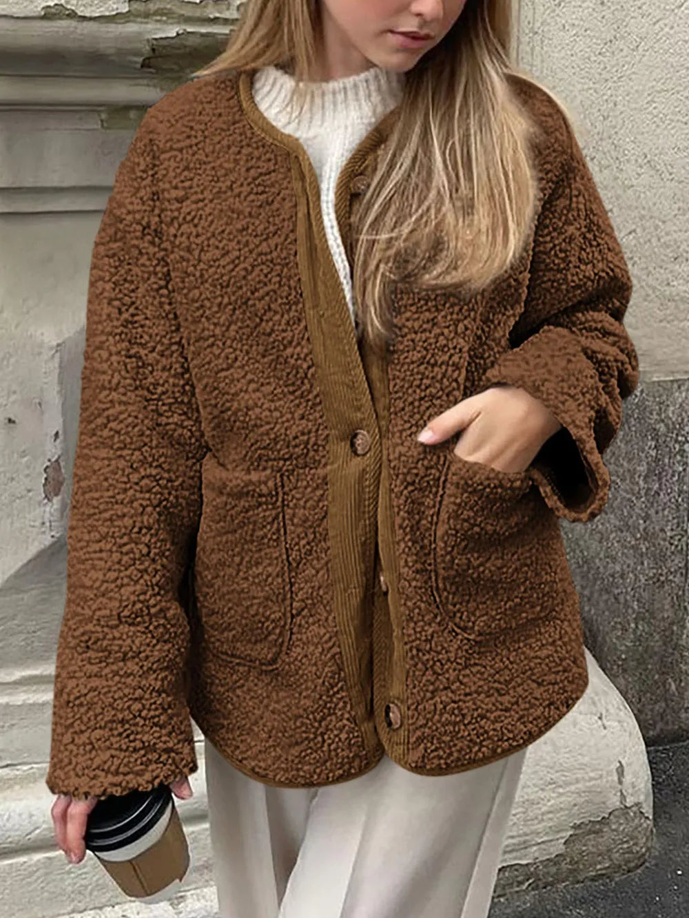 Contrast Button Up Sherpa Jacket with Pockets, view 10