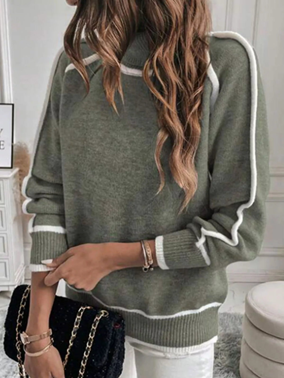 Full Size Contrast Trim Ribbed Hem Turtleneck Sweater Plus Size