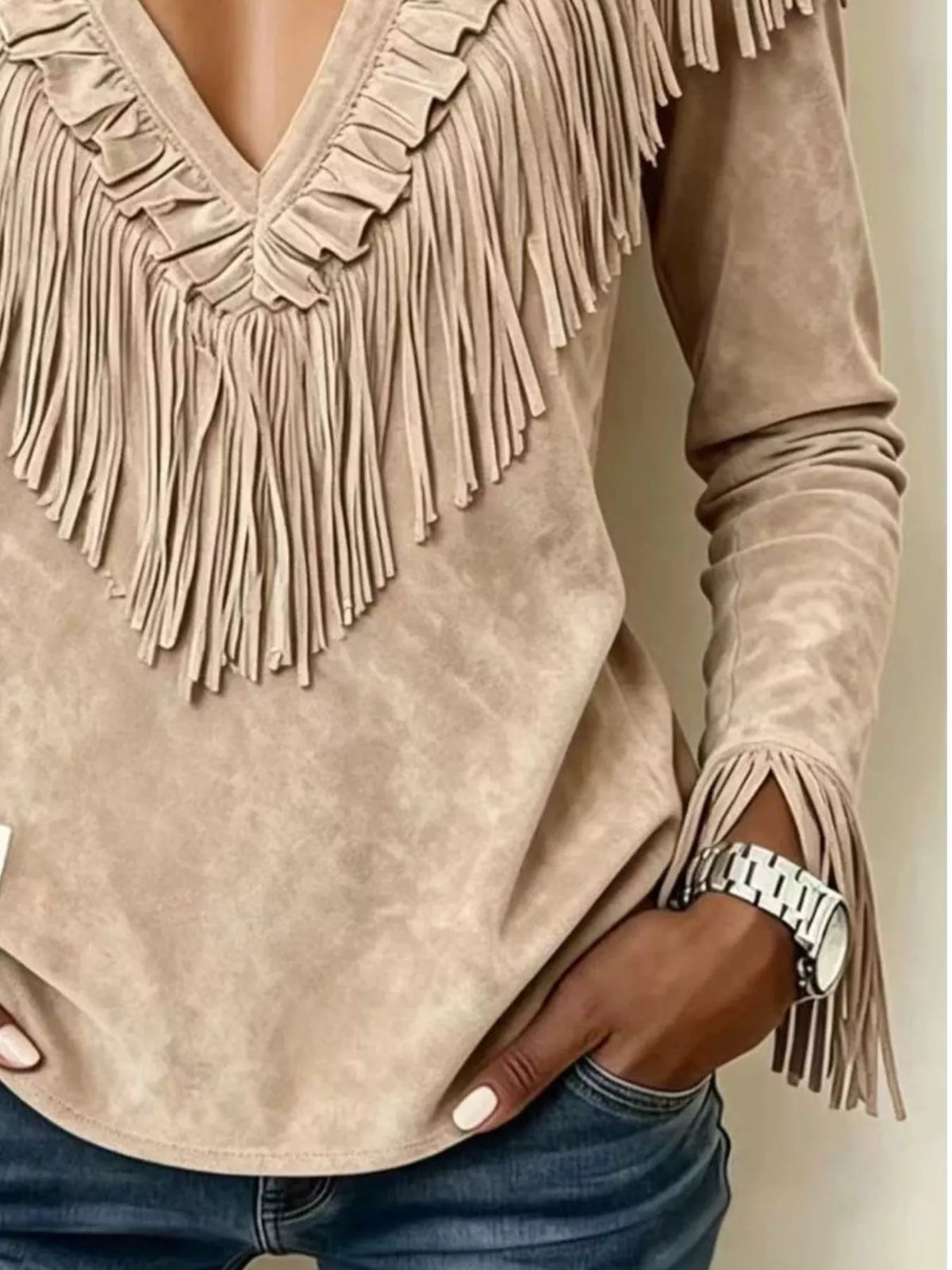 Fringed V-Neck Blouse