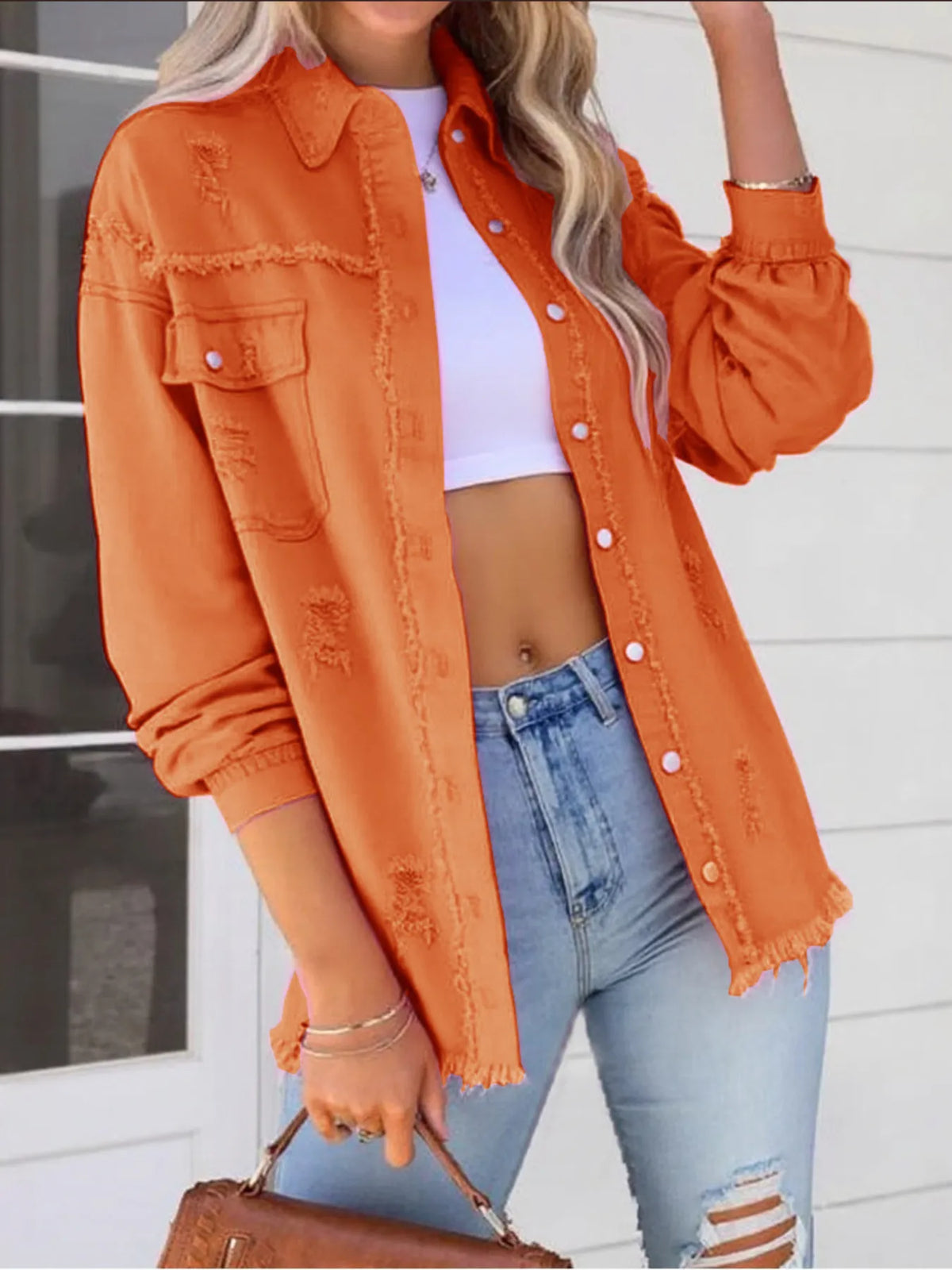 Distressed Denim Jacket with Frayed Edges - Lilixa.store