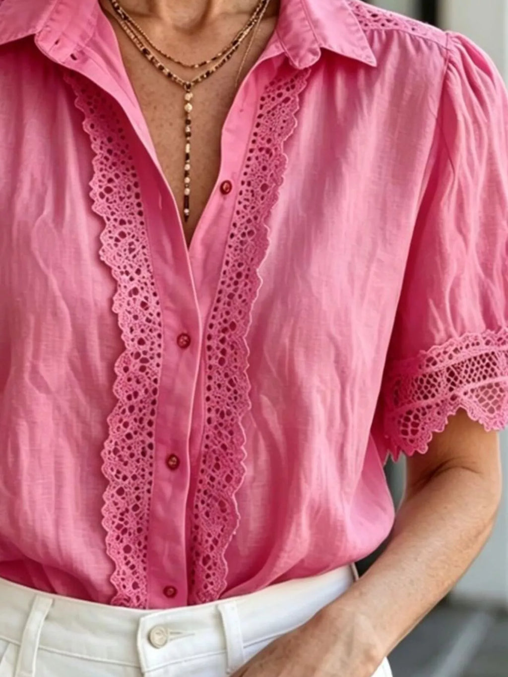 Lace-Trimmed Short Sleeve Button-Down Shirt - Lilixa.store
