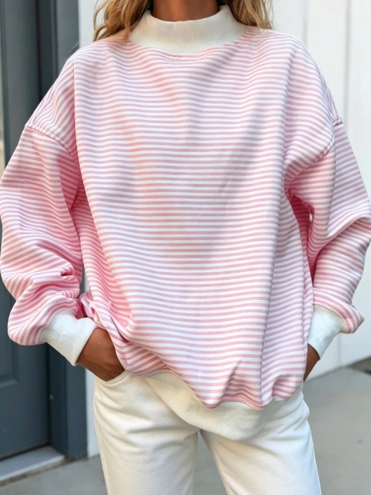 Oversized Striped Crew Neck Sweatshirt, view 5