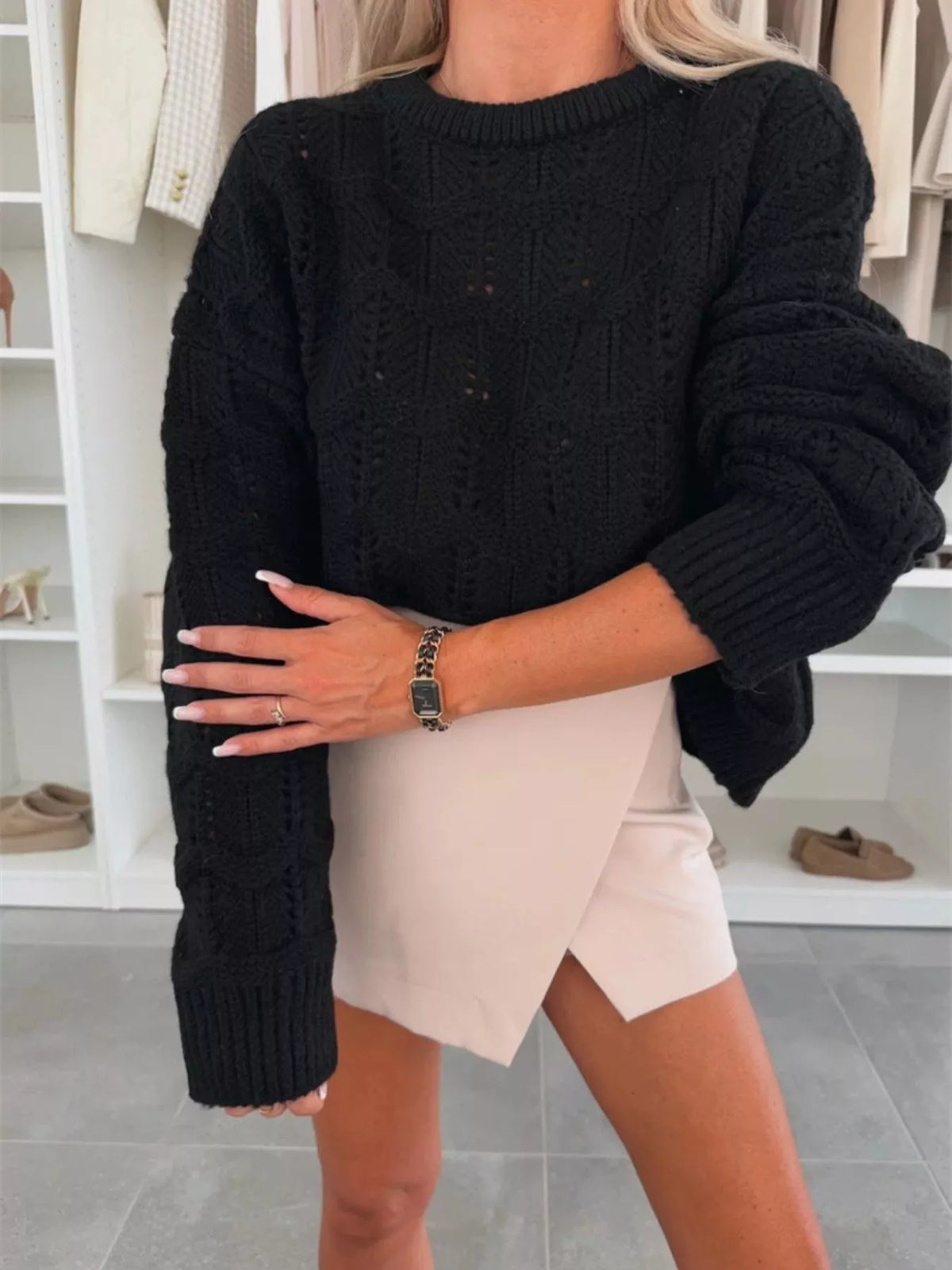 Openwork Round Neck Sweater - Lilixa.store
