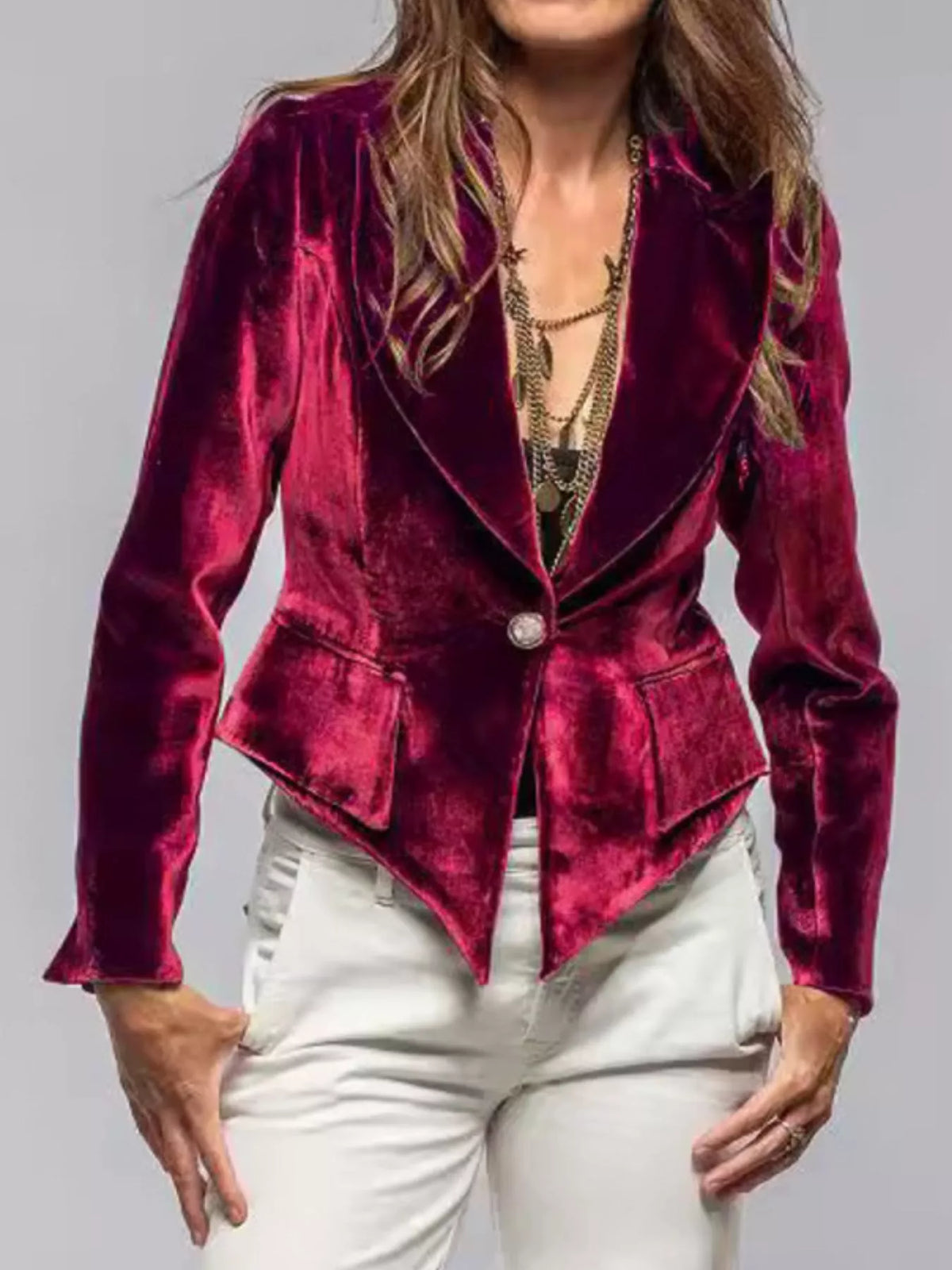 Velvet Lapel Collar One Button Blazer - Lilixa.store