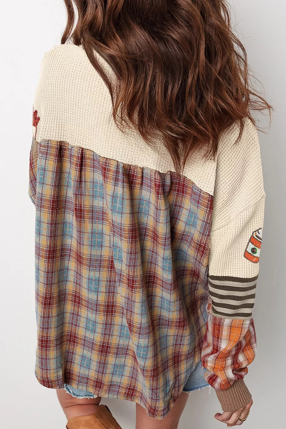 Sequin Autumn Leaf & Coffee Cup Waffle Knit Top in Beige, view 2