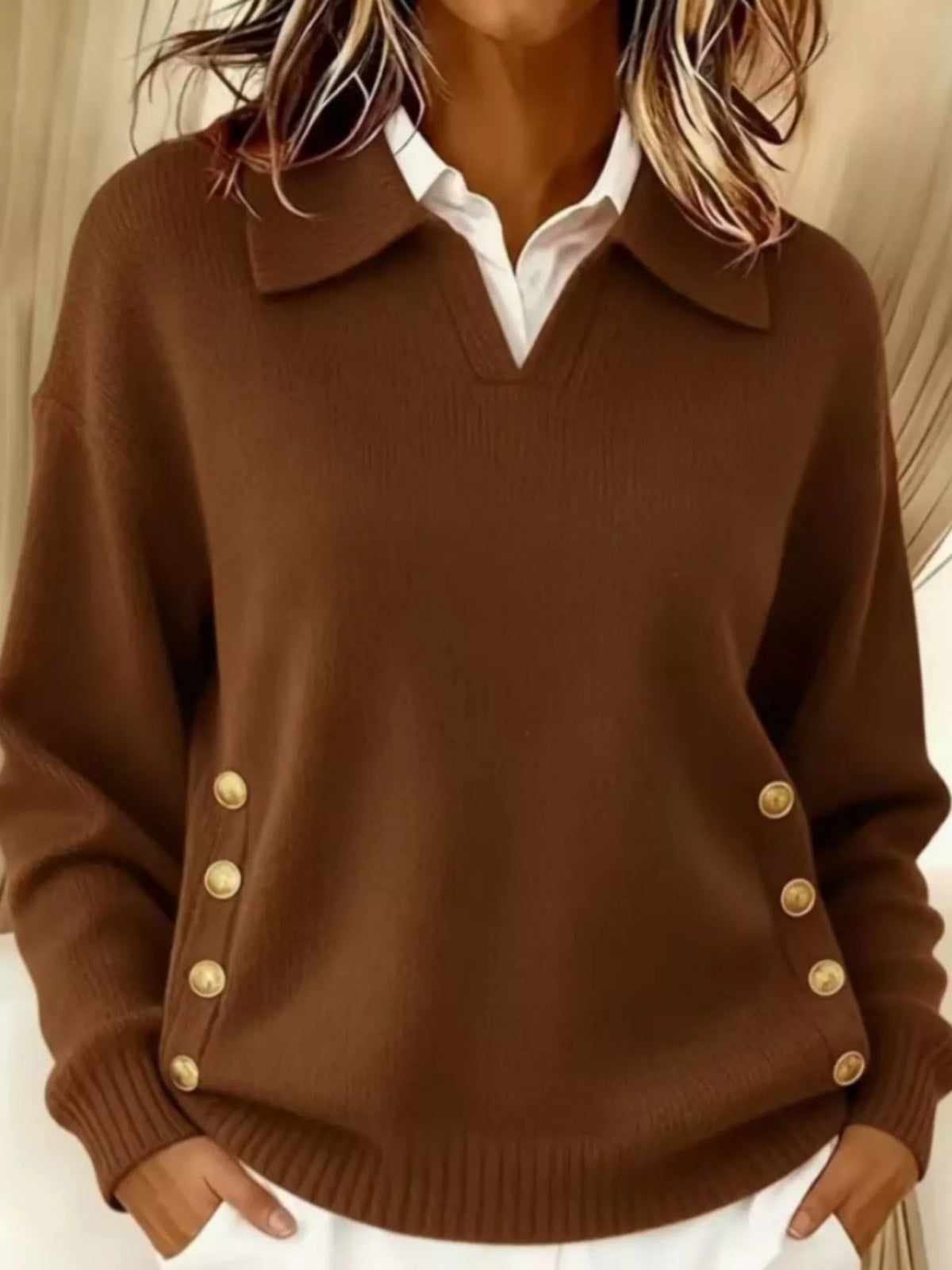 Full Size Decorative Button Dropped Shoulder Sweater Plus Size