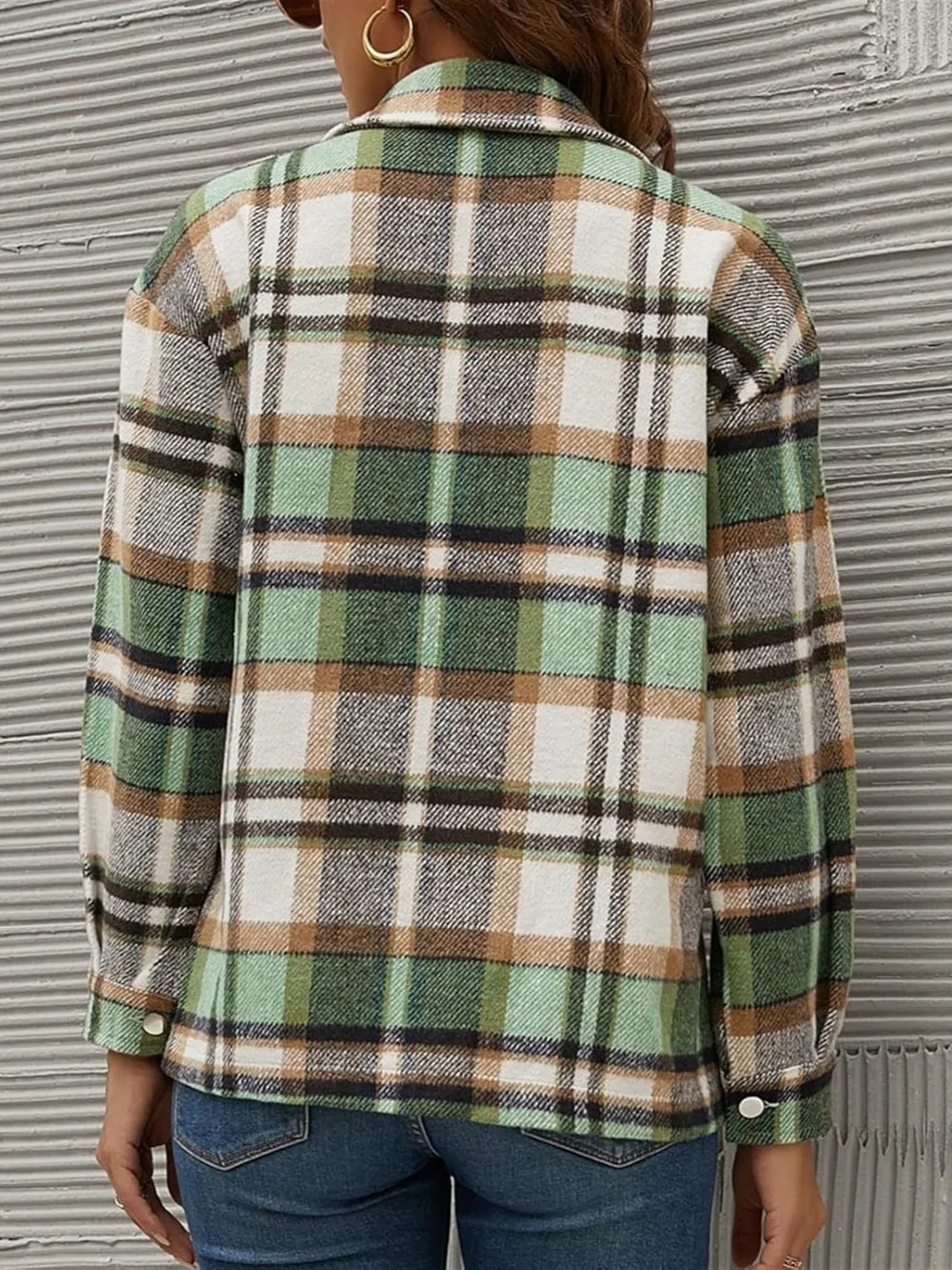 Plaid Collared Neck Long Sleeve Jacket in Green, view 2