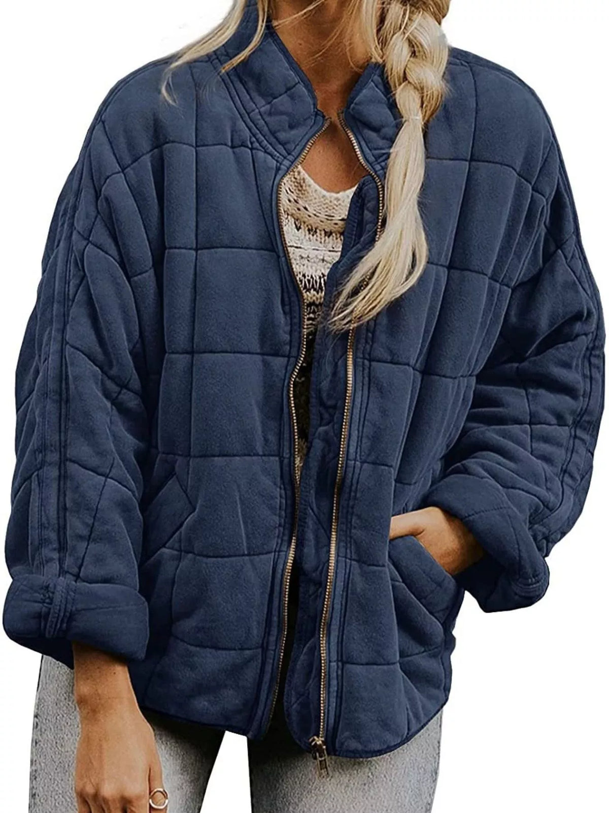 Quilted Zip Up Outerwear in Navy Blue