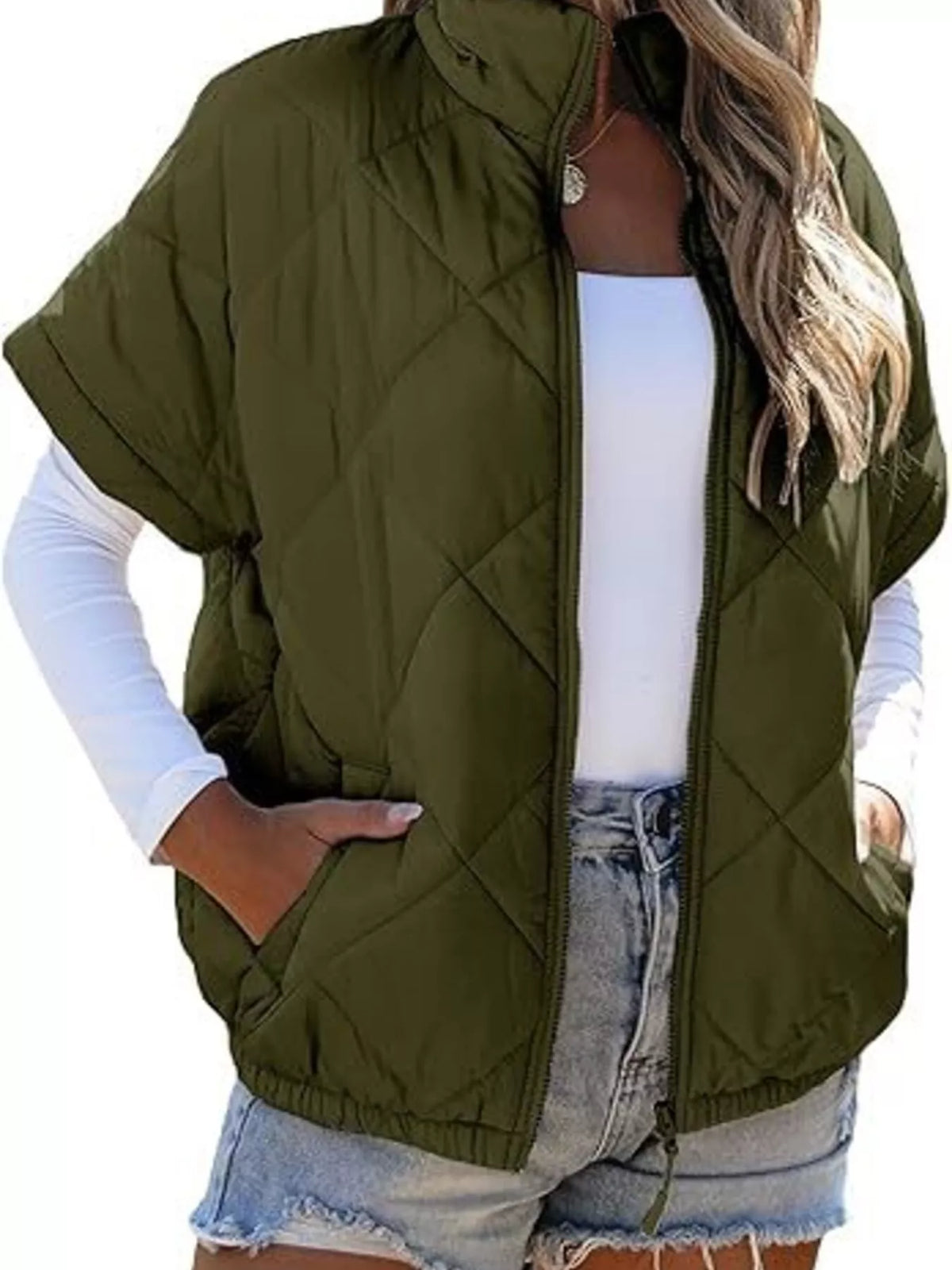 Quilted Zip Up Short Sleeve Winter Coat - Lilixa.store