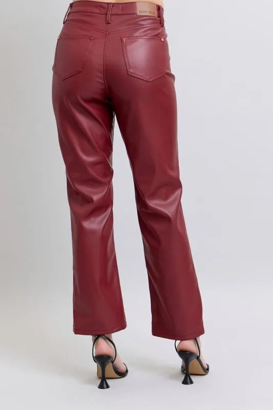 Judy Blue Full Size High Waist Tummy Control Faux Leather Straight Pants Plus Size - Lilixa.store