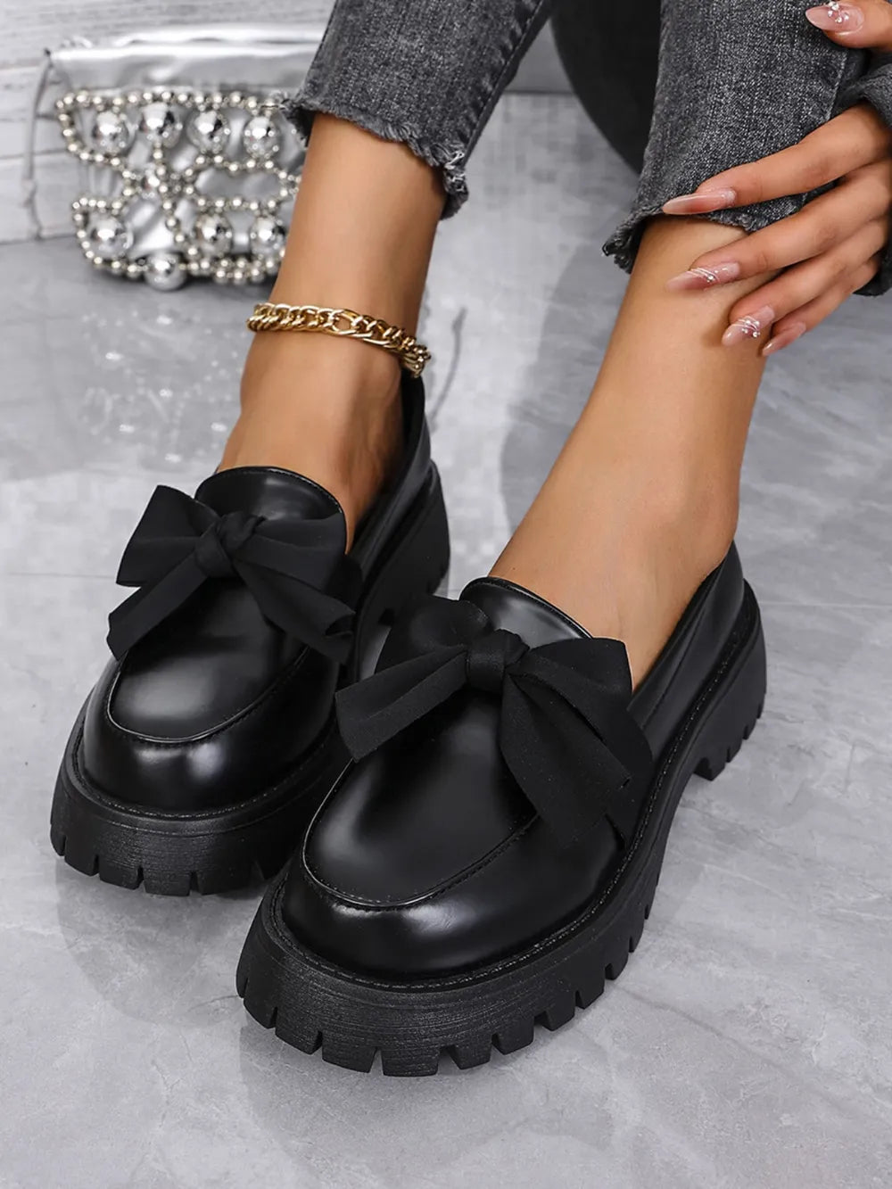Bow PU Leather Round Toe Loafers in Burgundy