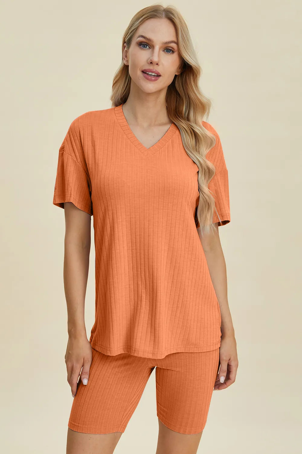 Basic Bae Full Size Ribbed V-Neck Short Sleeve Top and Shorts Set - Lilixa.store