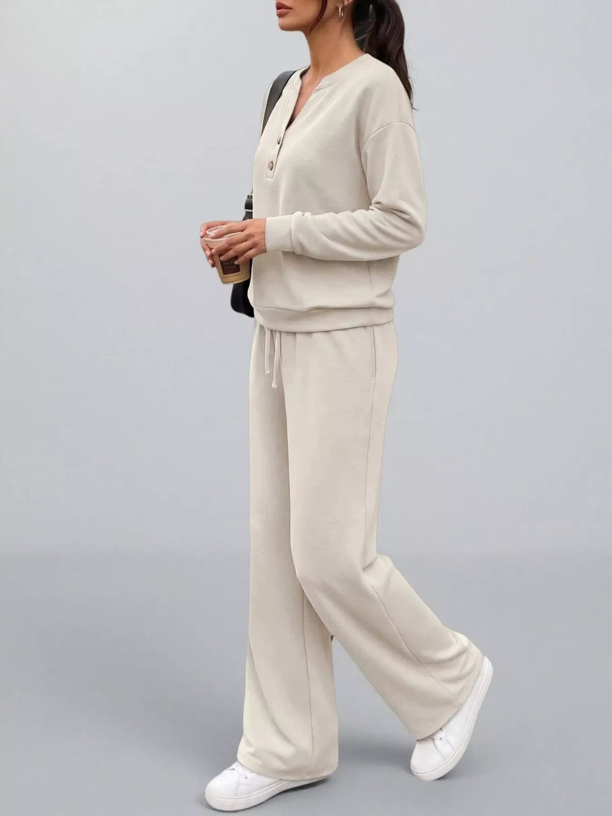 Button Detail Dropped Shoulder Top and Pants Set - Lilixa.store